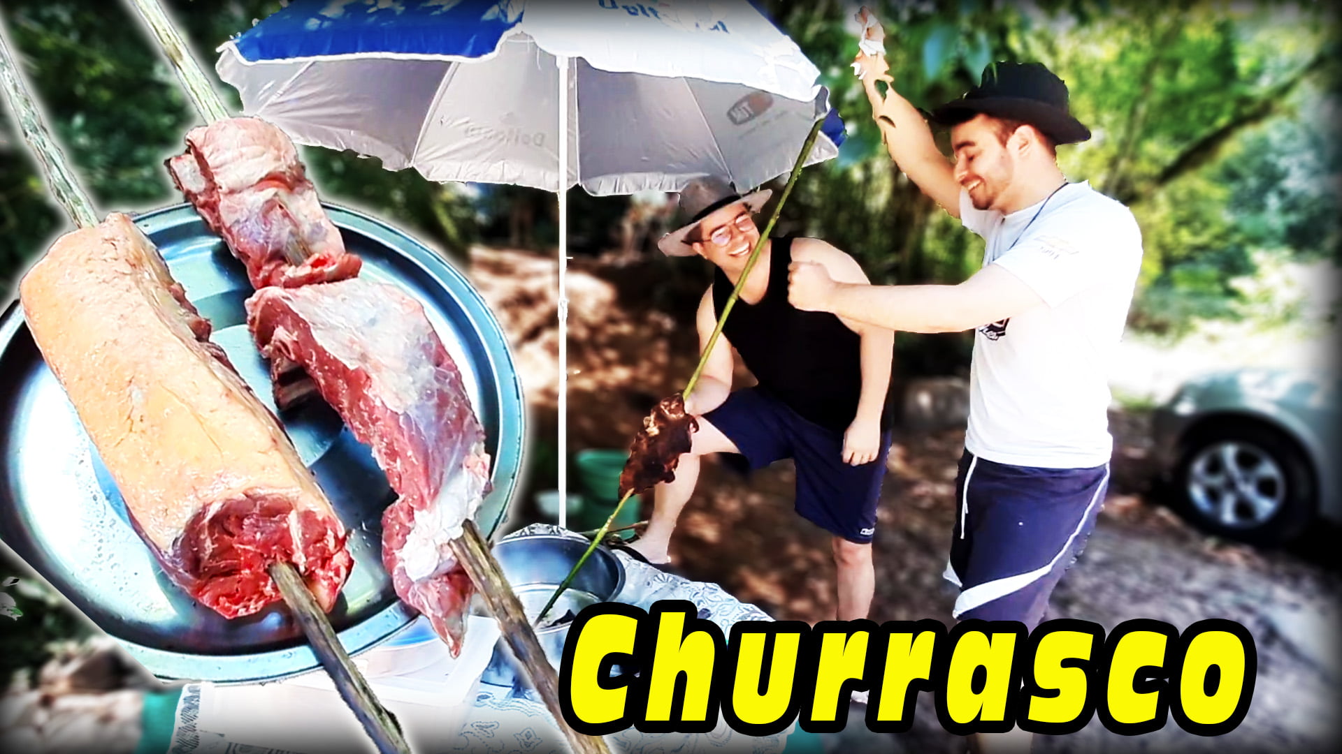 Churrasco na taquara em acampamento de família na beira do Rio